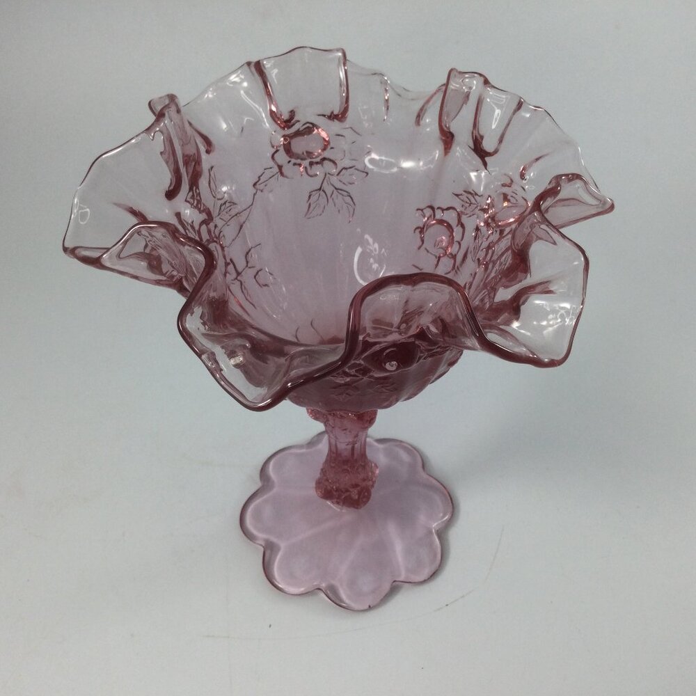 Fenton Ruffled Edge Rose Pink Glass Compote Candy Dish Footed 6.5" H